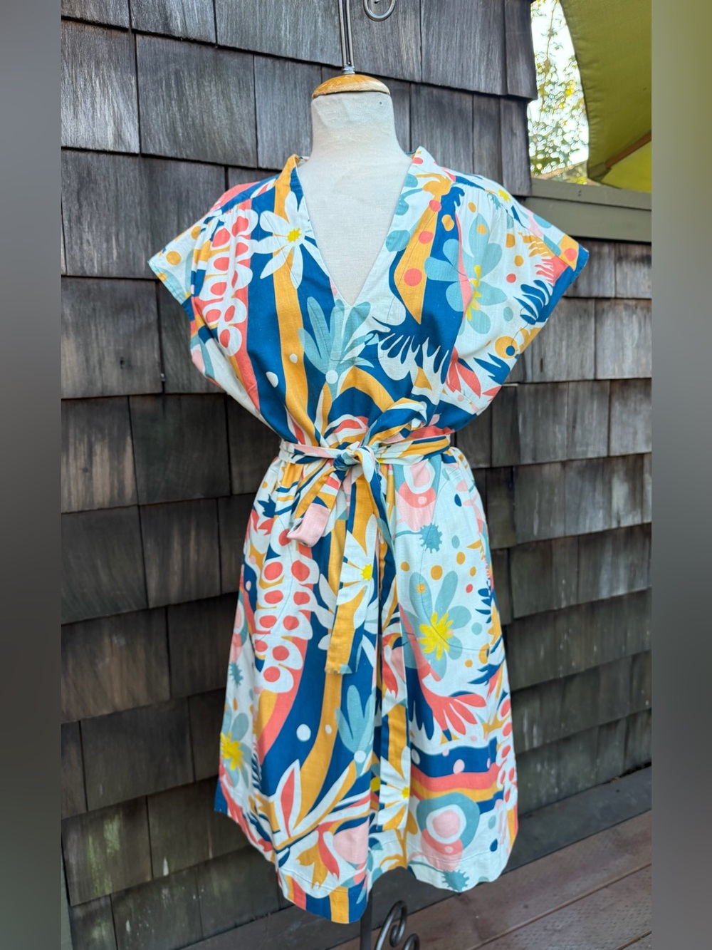 Lesley Evers Elaine dress multicolor cotton fabric pockets Sz OneX XL tie belt.